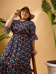 Women Black Floral Side Cut Out Midi Dress