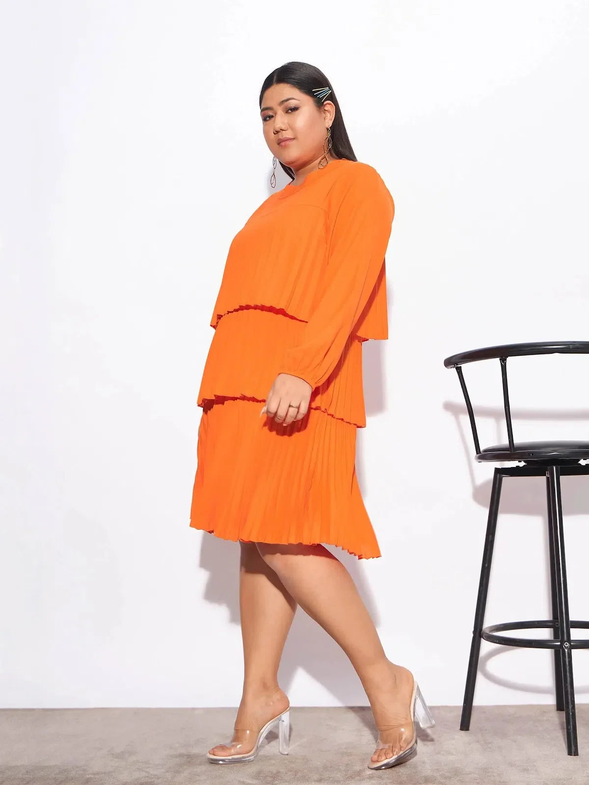 Women Orange Pleated Skater Dress - Fit & Flare Mini Dress