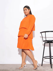 Women Orange Pleated Skater Tiered Dress