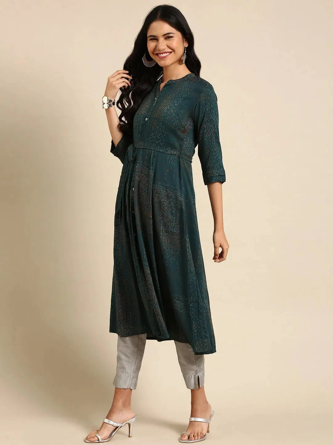 Women's Teal Printed Viscose Anarkali Kurta | DesiQlo