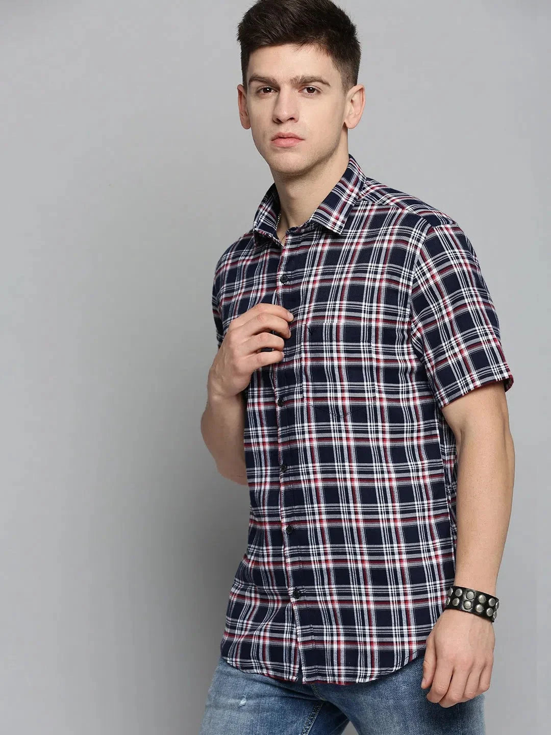 Men's Navy Checkered Shirt - Stylish Cotton Mens Shirt