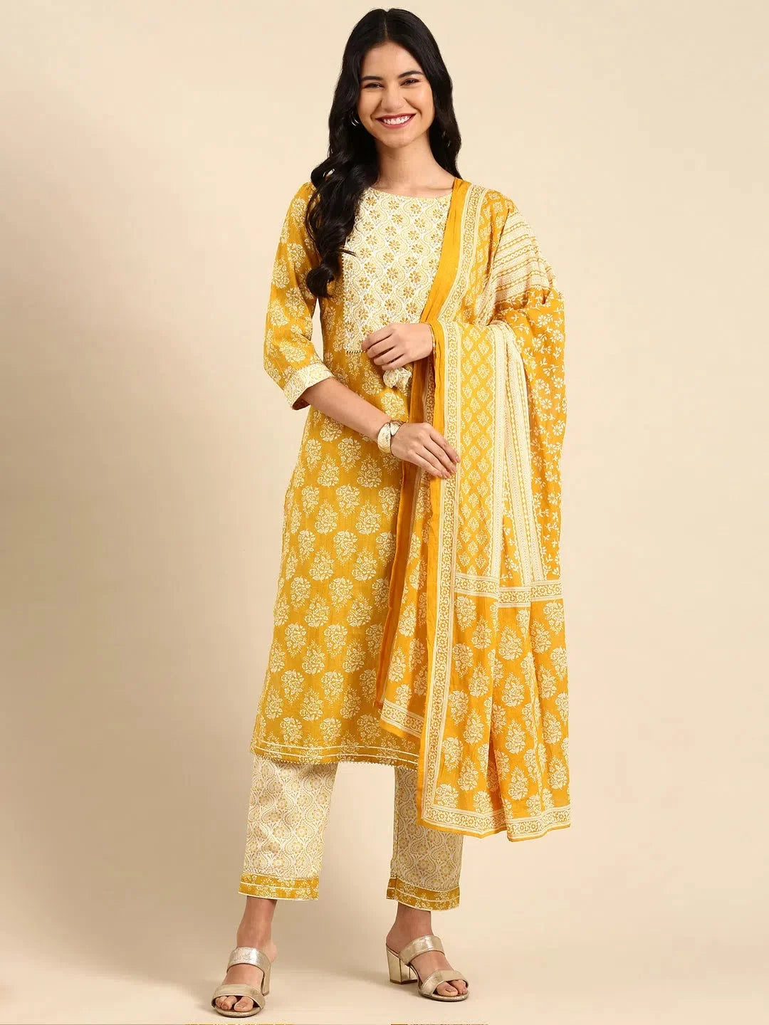 Yellow Printed Women's Kurta Set | Ethnic Cotton Kurta Sets
