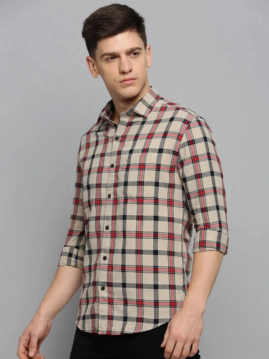 Beige Checked Mens Shirt - Cotton Casual Shirt