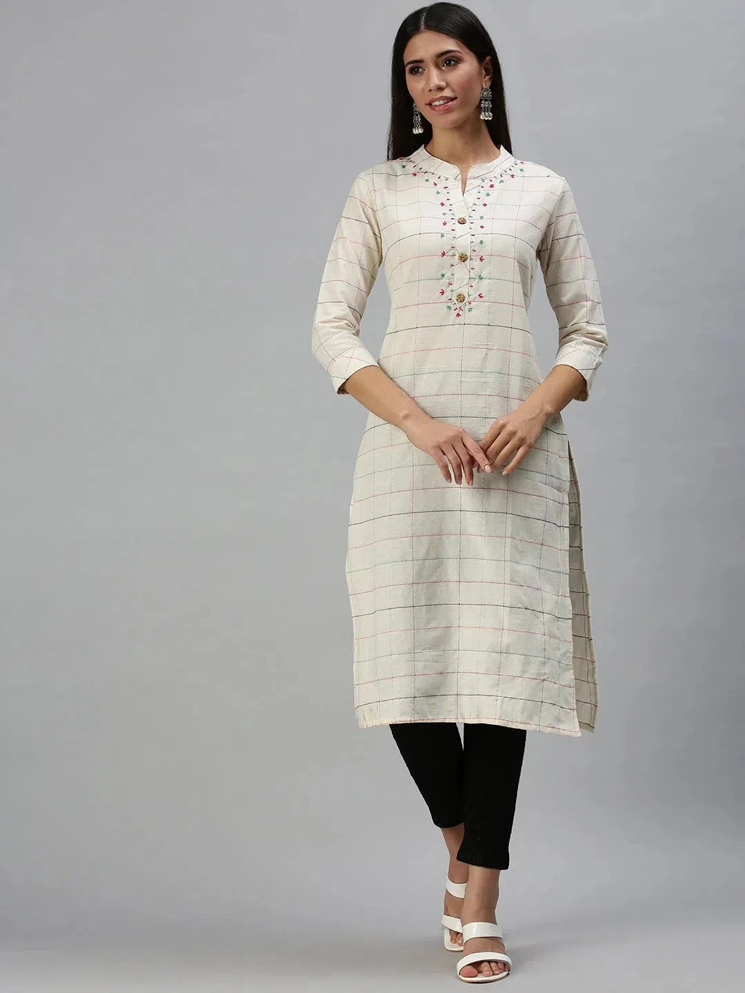 Beige Cotton Checked Kurta | Women's Casual Indian Kurtas
