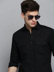 Men Black Solid Casual Shirt-RAPTORLINEN-4370-Black
