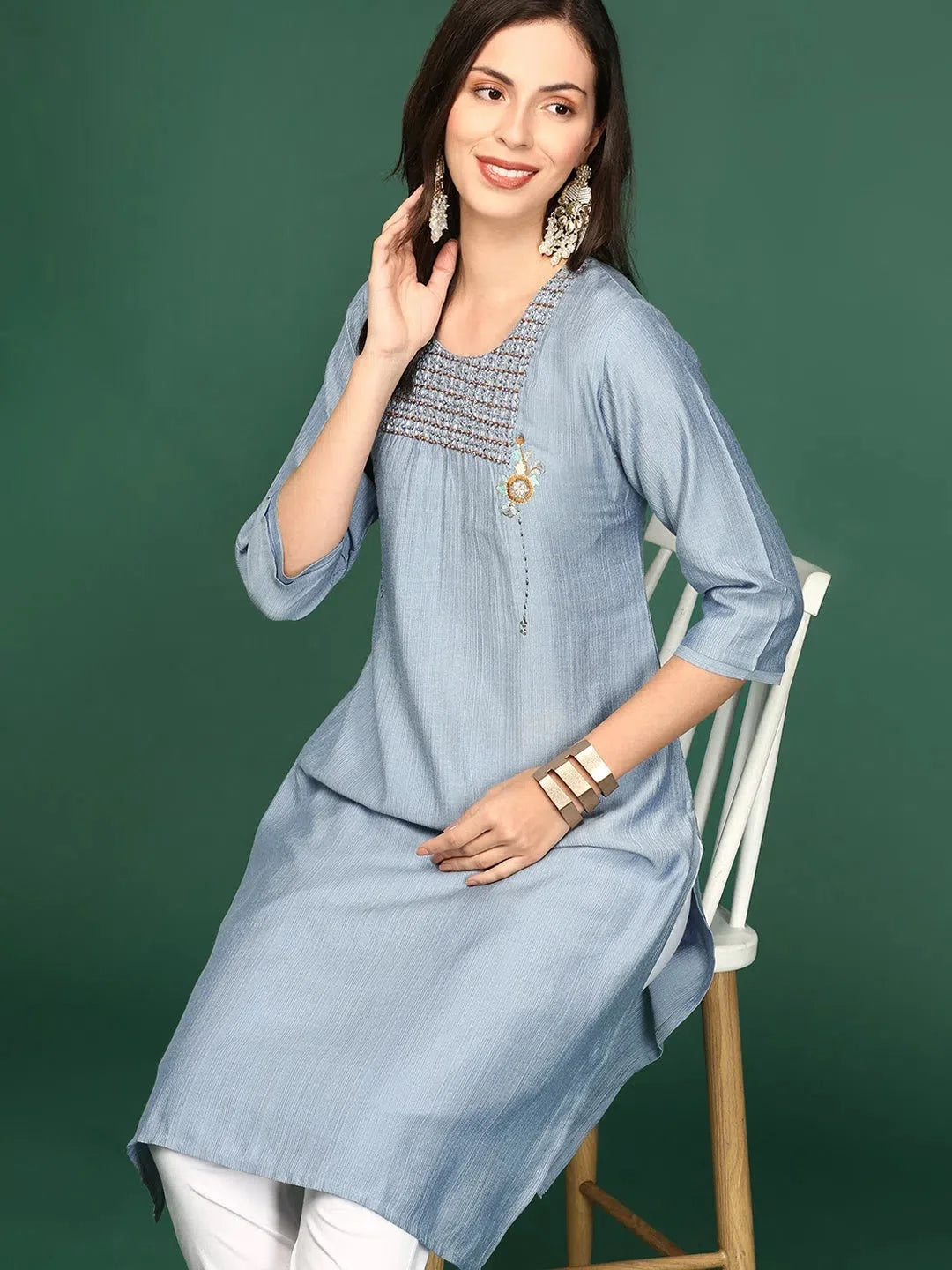 Blue Embellished Cotton Short Kurti for Women | DesiQlo