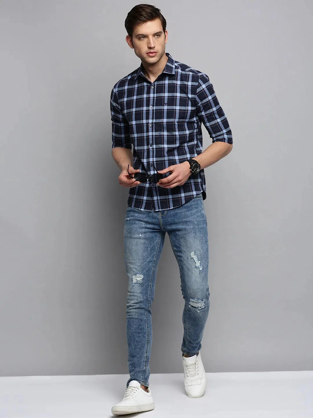 Navy Checked Mens Shirt | Cotton Casual Shirt | DesiQlo