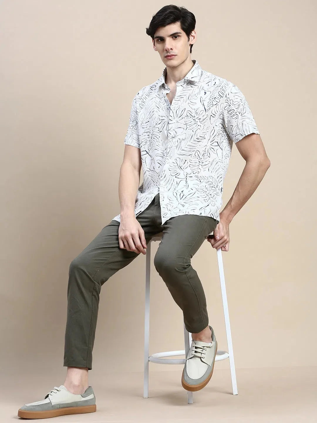 Cream Floral Printed Shirt for Men | Cotton Mens Shirt