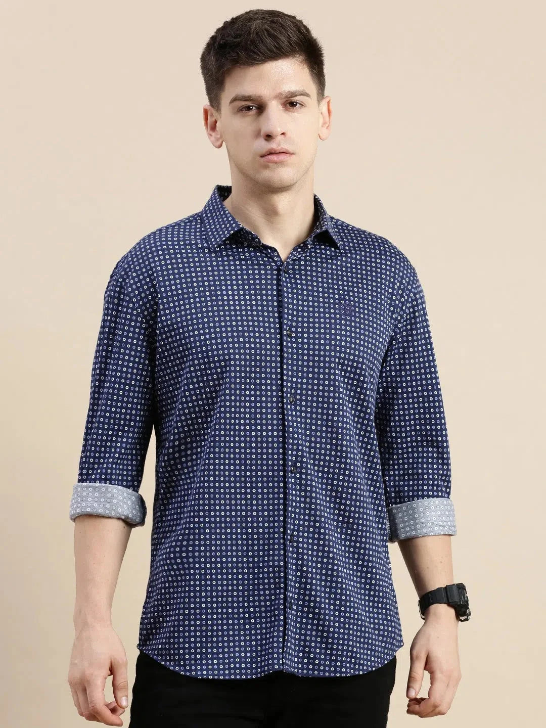 Navy Geometrical Mens Shirt - Cotton Printed Shirt | DesiQlo