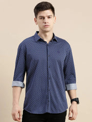 Men Navy Geometrical Casual Shirt-CELLOKNITS-4986-Navyblue