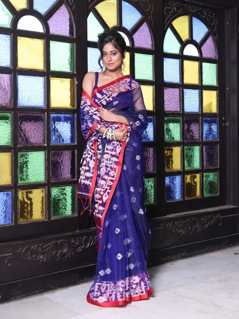 Blue Muslin Linen Saree | Indian Sari with Jamdani Work
