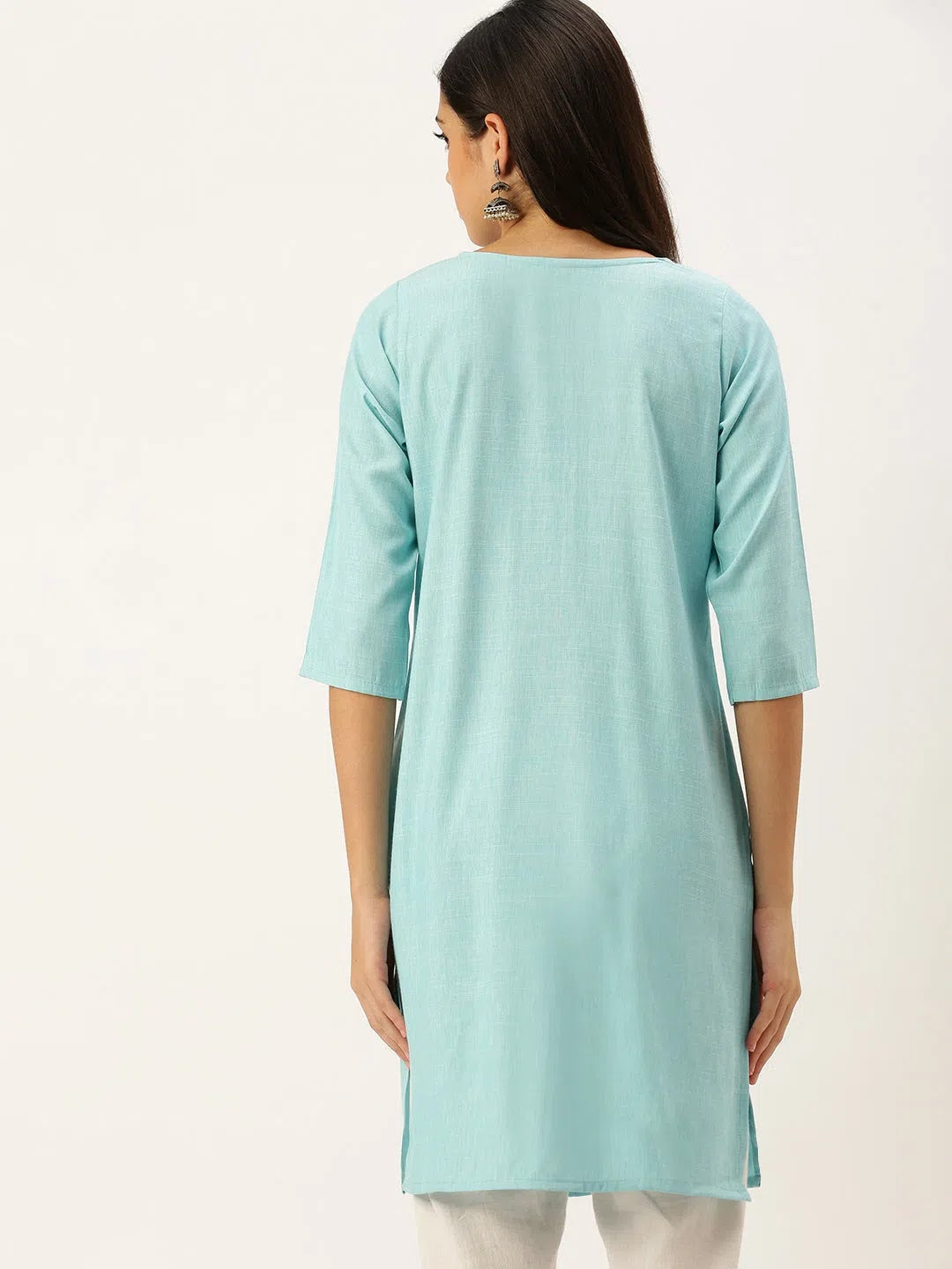 Blue Embellished Cotton Indian Kurta for Women - DesiQlo