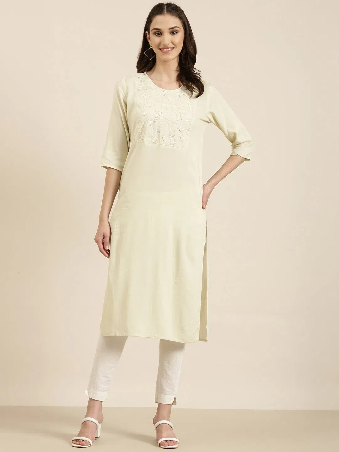 Cream Solid Cotton Kurta - Simple & Chic Indian Kurta for Women