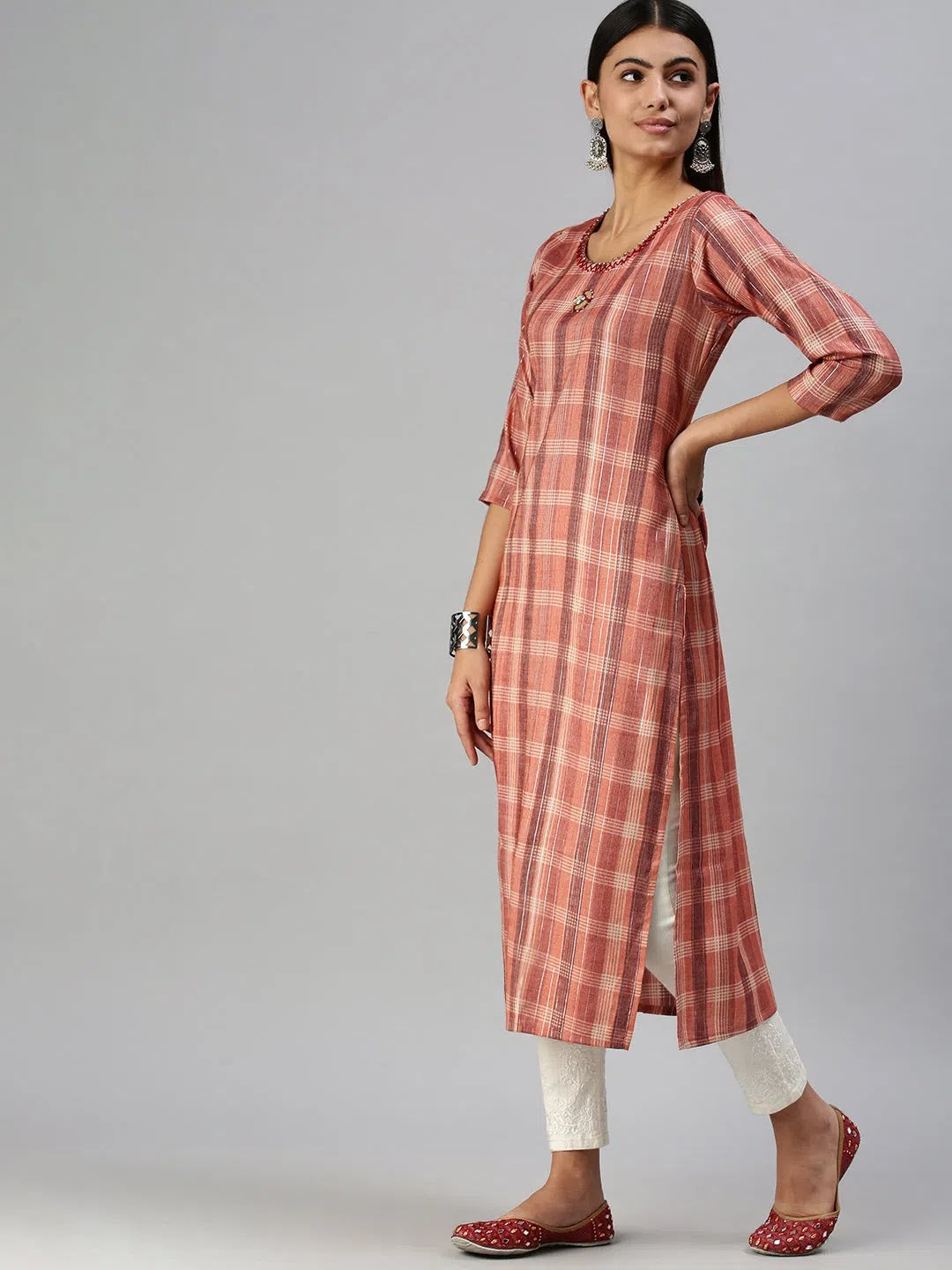 Rust Checked Straight Kurta - Latest Indian Kurta Design