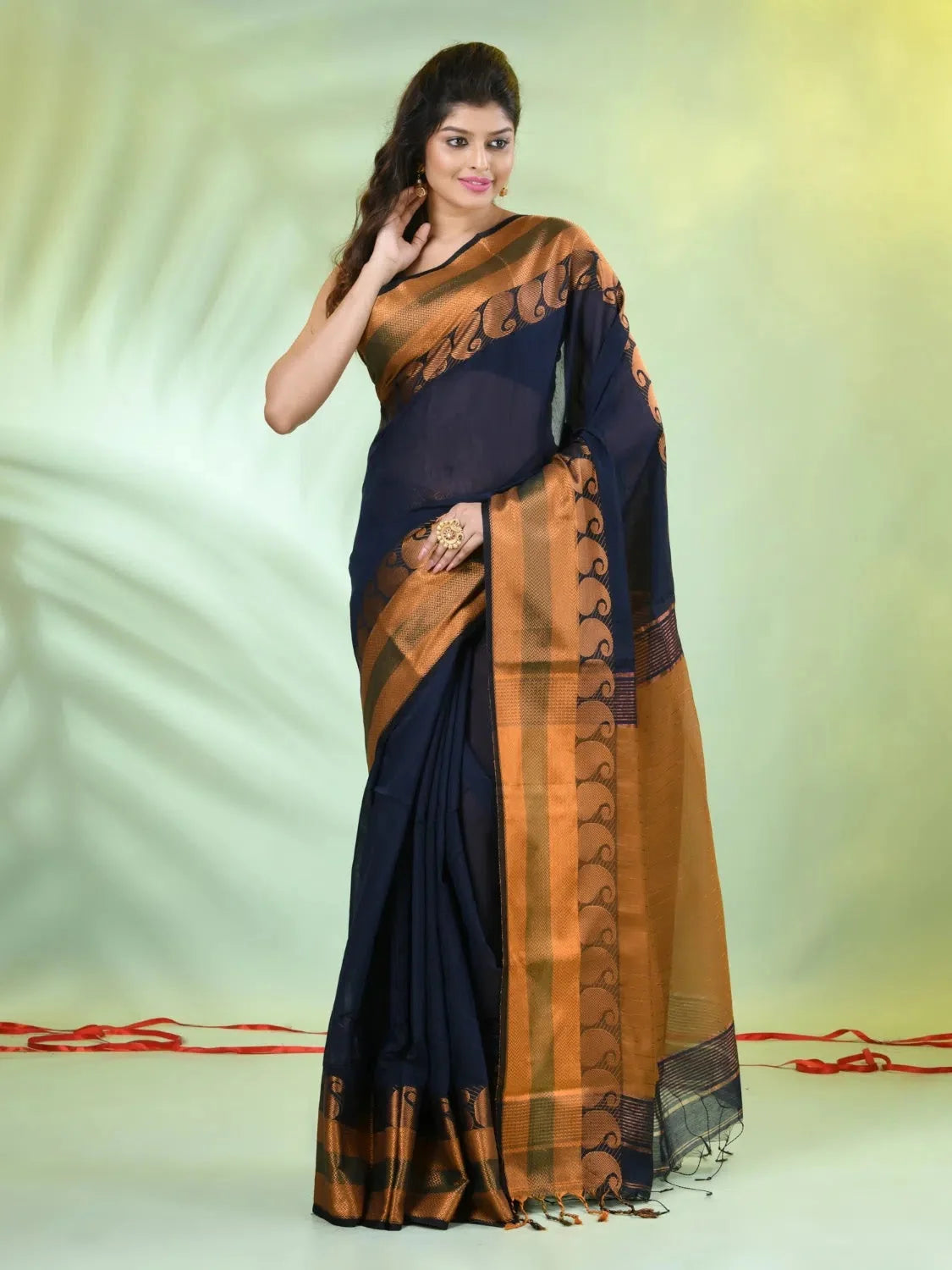 Navy Blue Cotton Indian Sari with Zari - Elegant & Comfortable