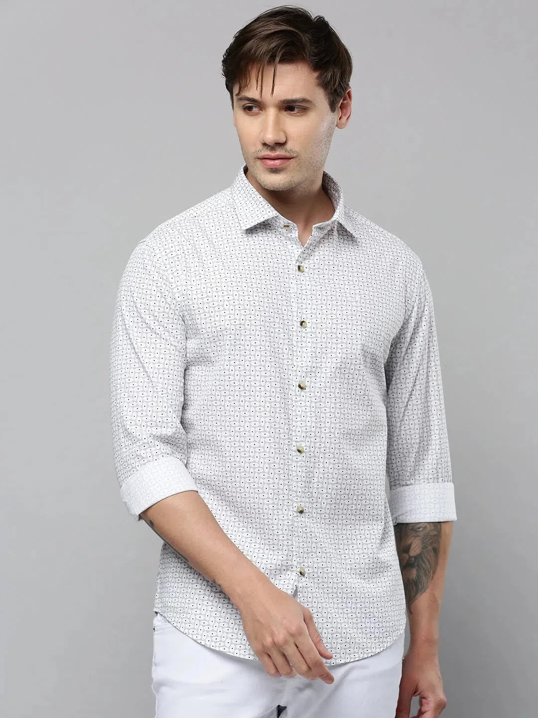 Festive White Printed Mens Shirt - Cotton Casual Shirt | DesiQlo