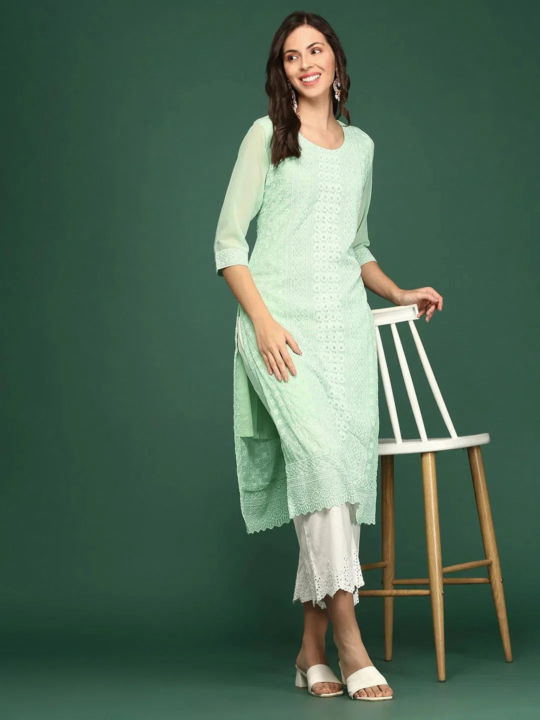 Sea Green Embellished Polyester Indian Kurta for Women