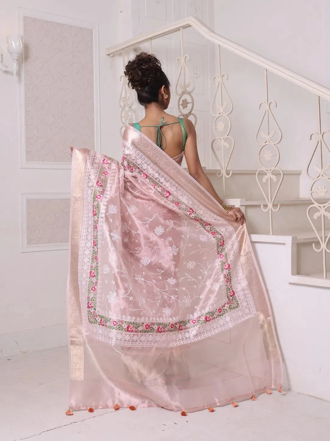 Nude Pink Embroidered Cotton Saree | Indian Wedding Sarees