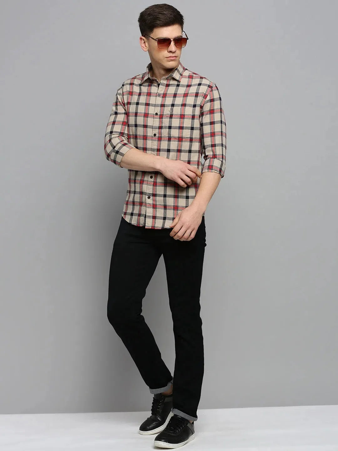 Beige Checked Mens Shirt - Cotton Casual Shirt