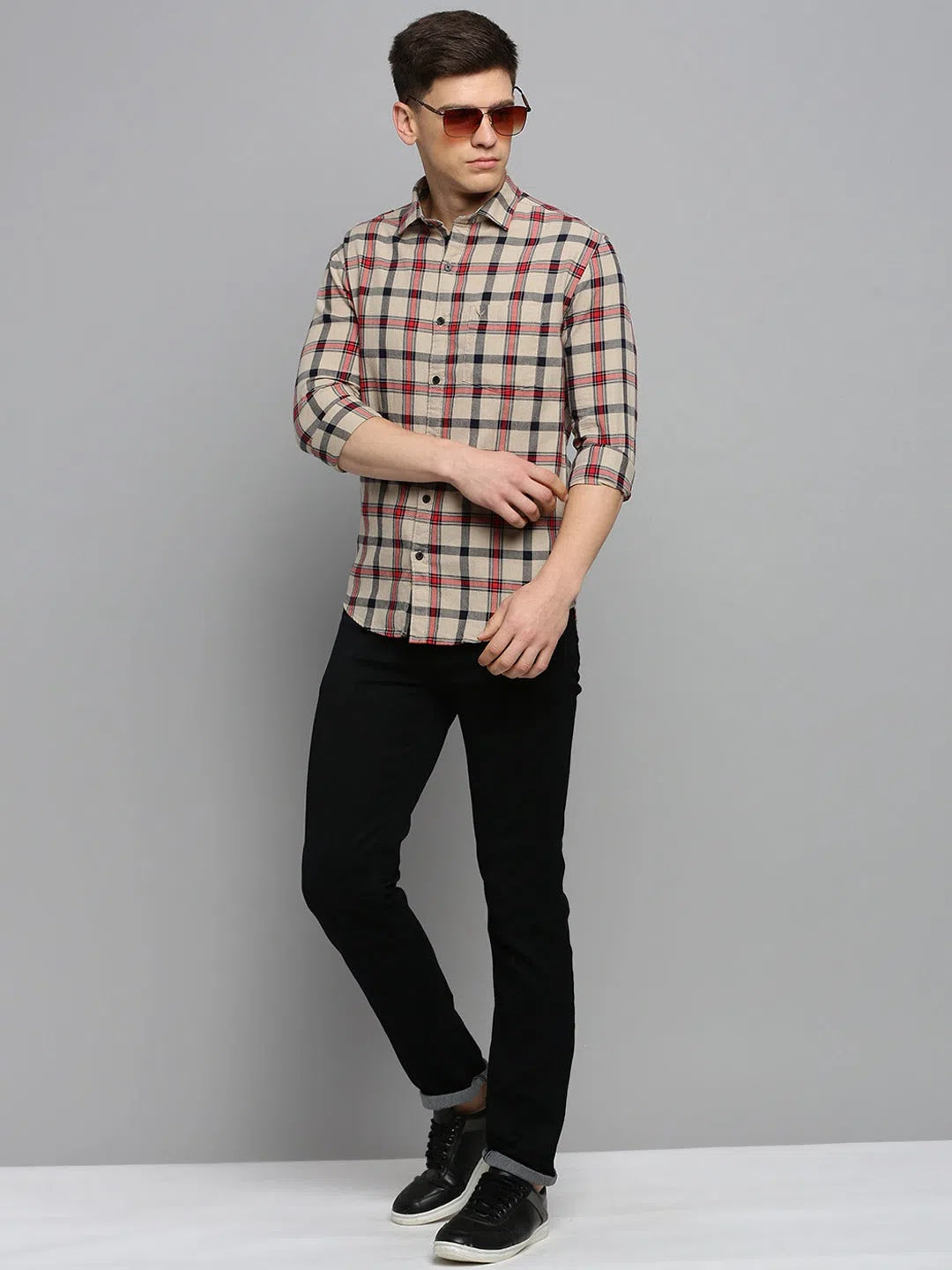 Beige Checked Mens Shirt - Cotton Casual Shirt