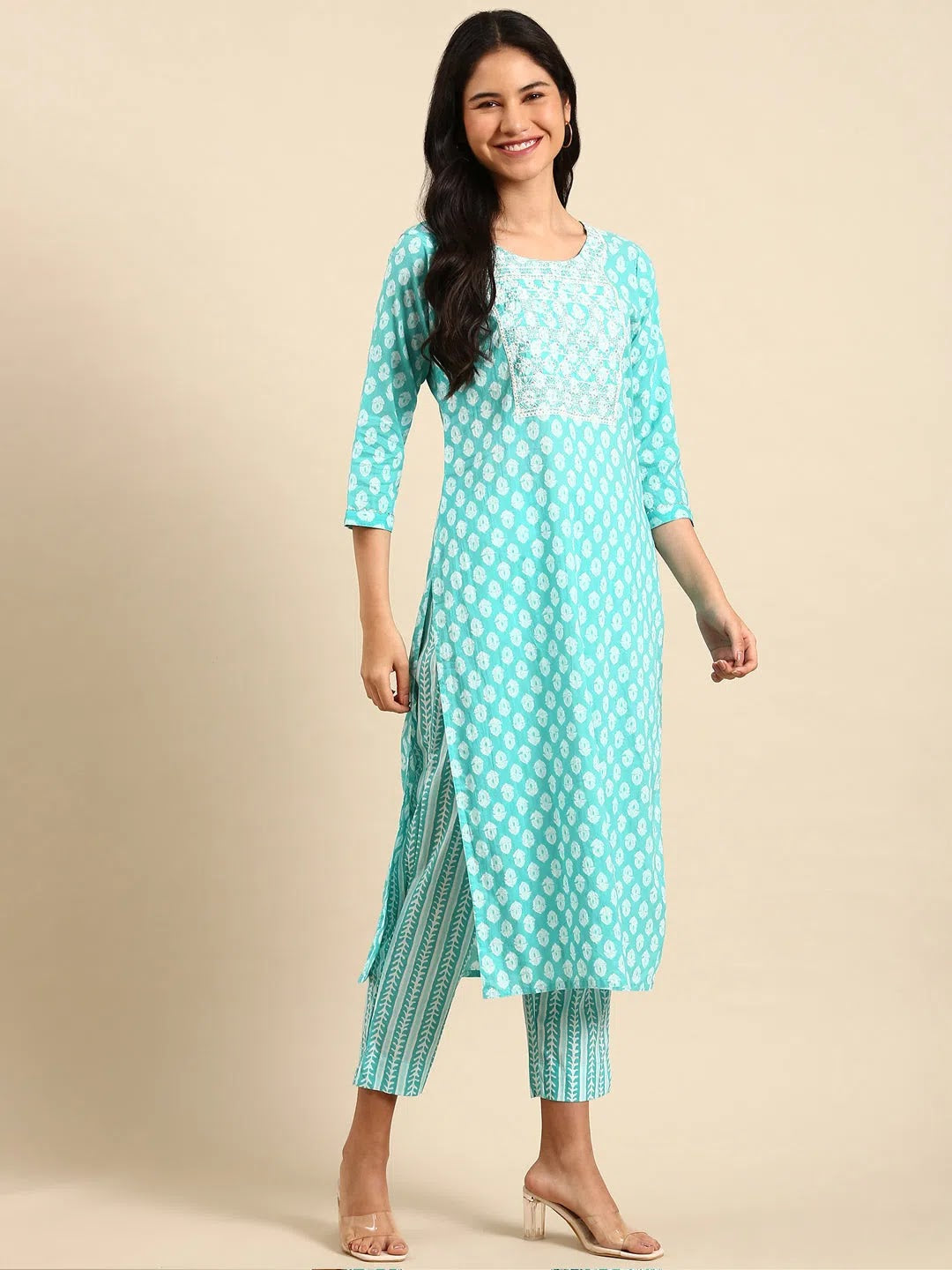 Turquoise Blue Printed Kurta Set | Women's Indian Kurta Sets