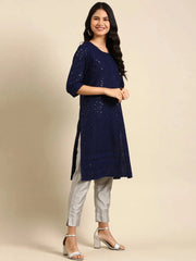 Women's Blue Embroidered Straight Kurta-MRF-1059-Navyblue