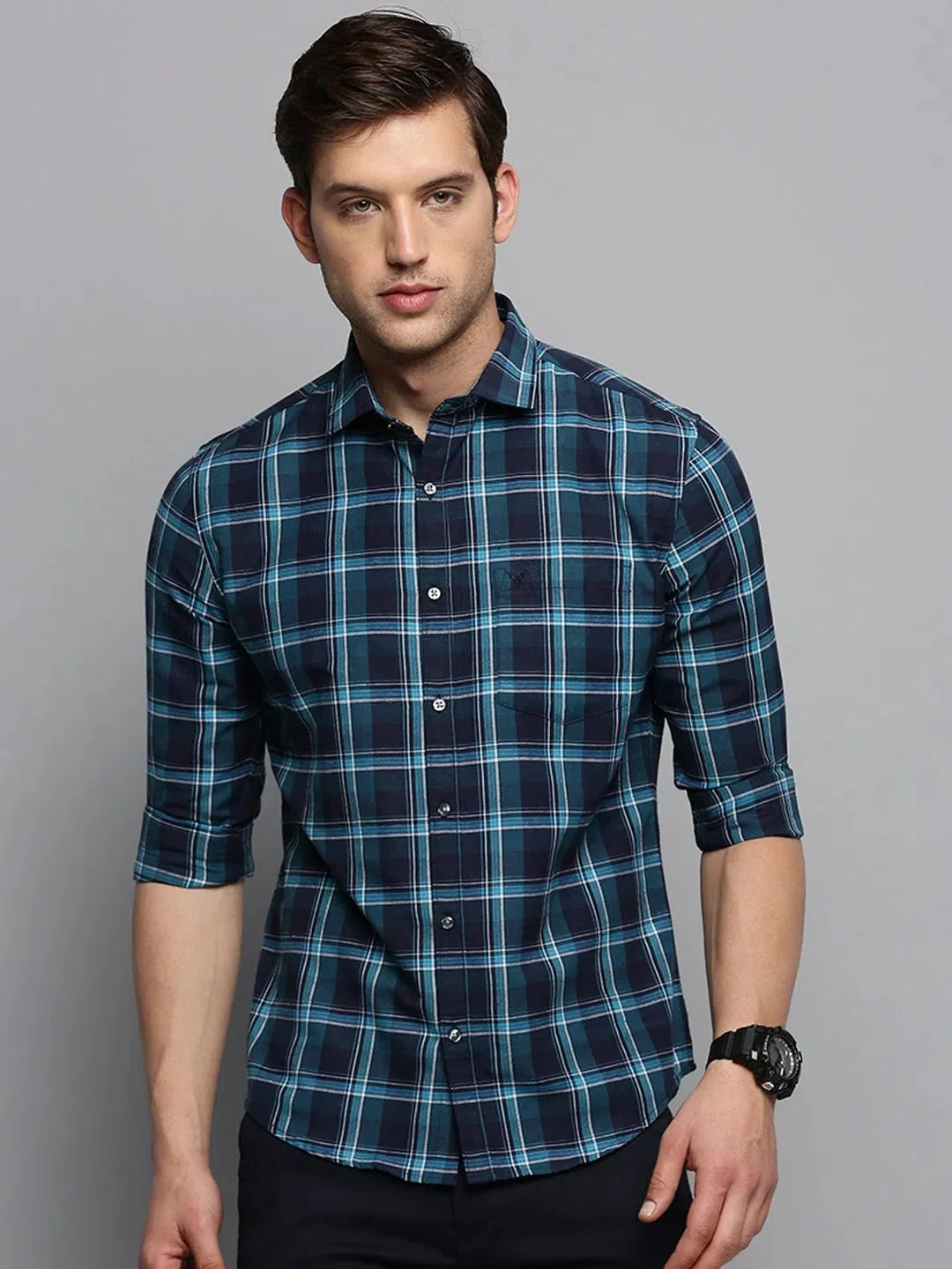 Men's Navy Checked Cotton Casual Shirt