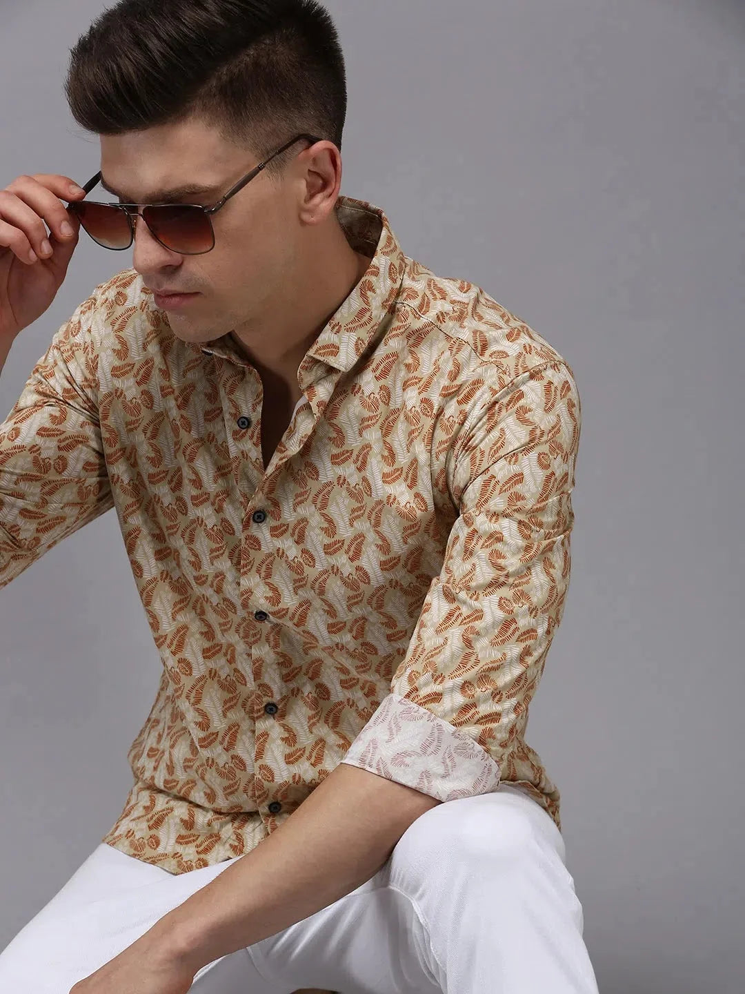 Beige Printed Mens Shirt - Cotton Casual Shirt from DesiQlo