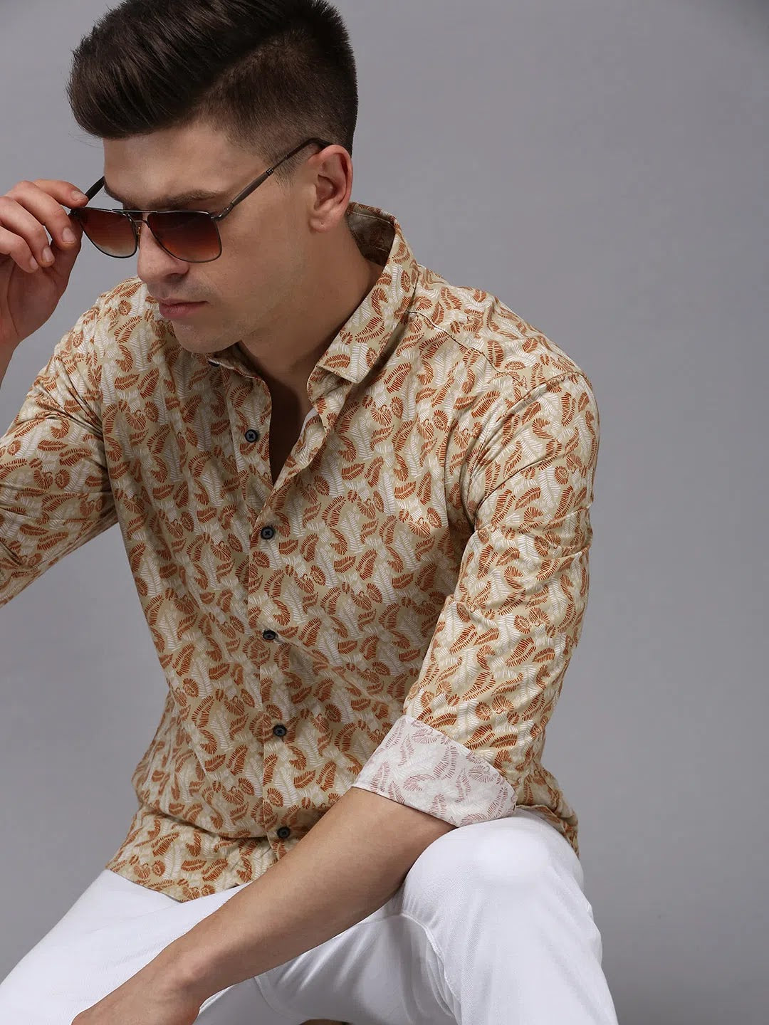 Beige Printed Mens Shirt - Cotton Casual Shirt from DesiQlo