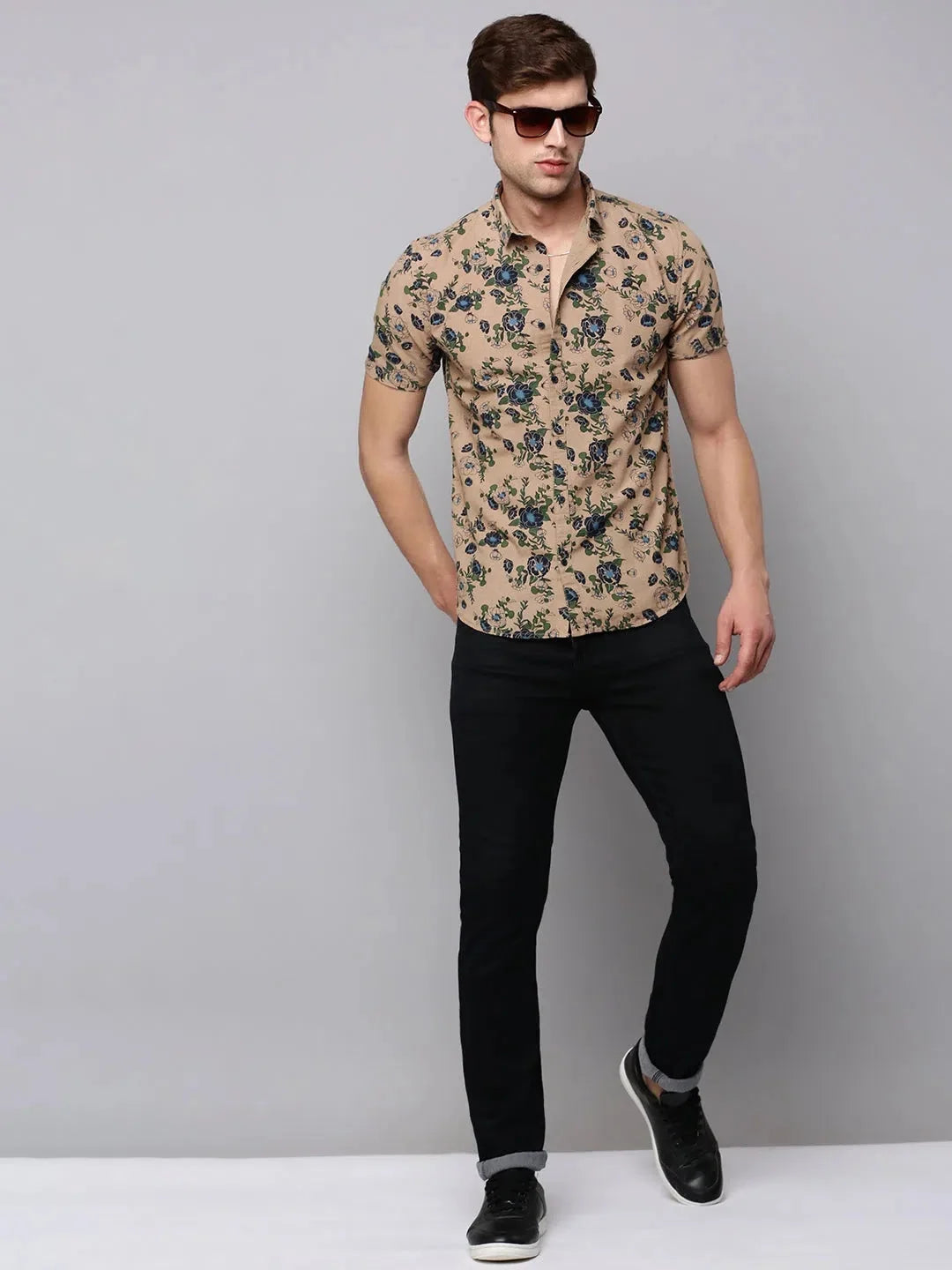 Men's Tan Printed Shirt | Cotton Casual Mens Shirt