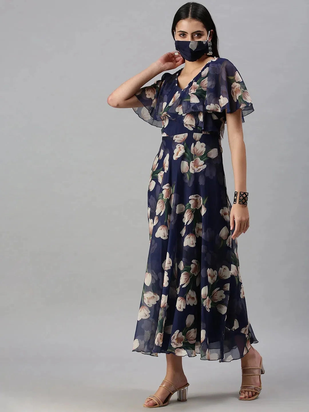 Blue Floral Anarkali Kurta for Women | Nylon Anarkali Kurti
