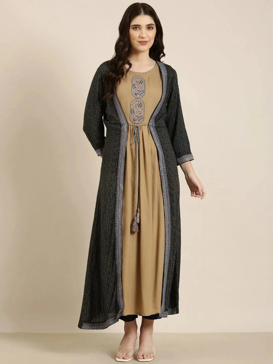Khaki Solid Anarkali Kurta for Women | Cotton Anarkali Kurta