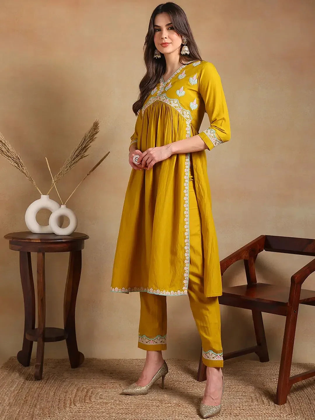 Yellow Embroidered A-Line Kurta Pant Set | Women's Designer Ku...