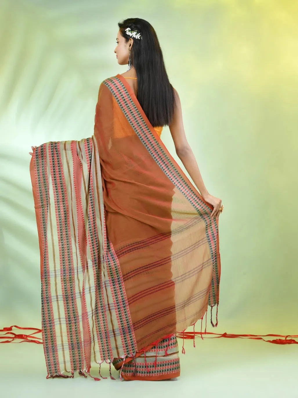 Ochre Yellow Cotton Saree with Nakshi Border | Indian Sarees