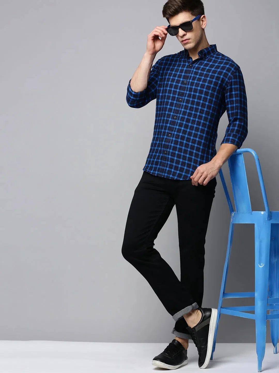 Charming Men's Navy Checked Cotton Shirt | Casual Style