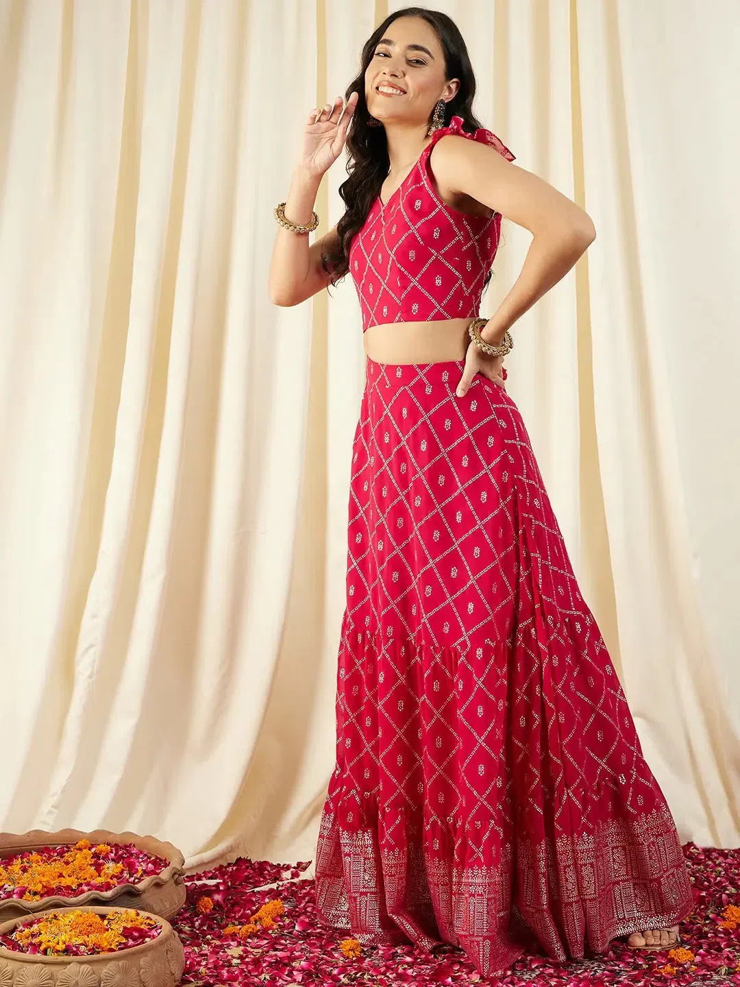 Magenta Lehenga: Crop Top & Flared Skirt Party Wear Outfit