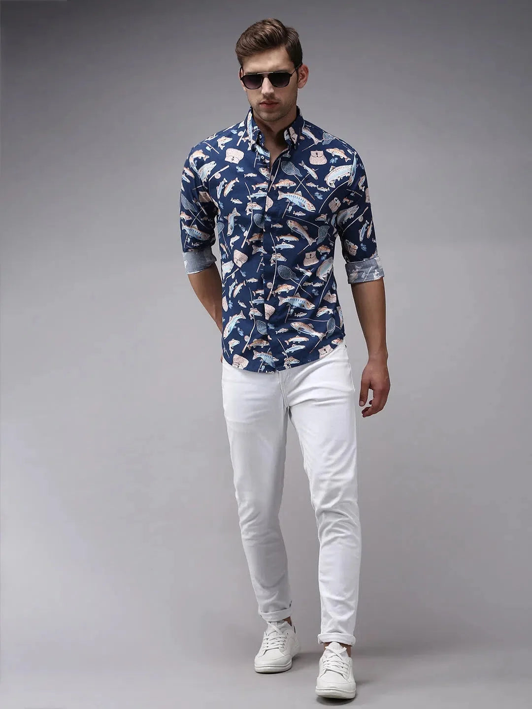 Blue Printed Mens Shirt - Cotton Casual Shirt by DesiQlo