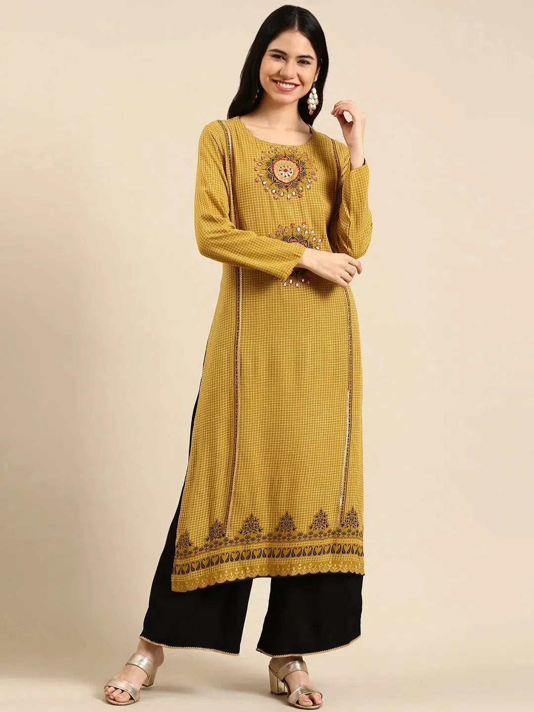 Green Checked Kurta Set | Cotton Women's Kurta Sets Online
