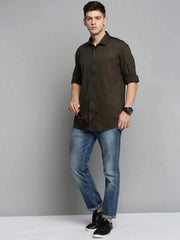 Men Green Solid Casual Shirt-CARLOKNITS-3224-Olive