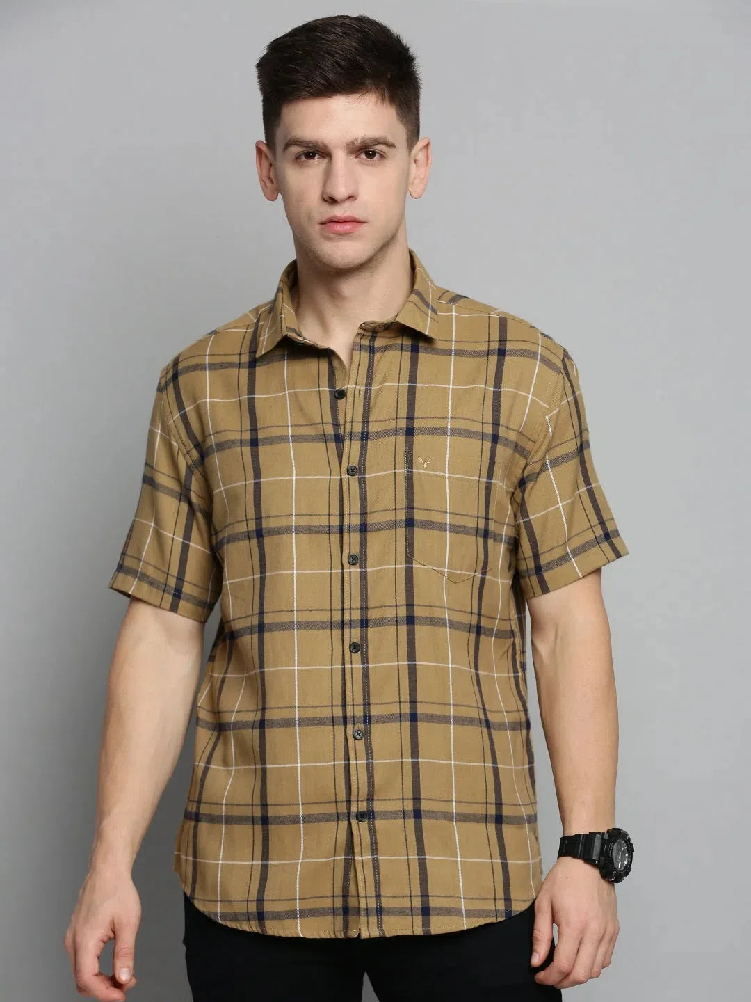 Men's Beige Checkered Shirt - Cotton Mens Shirt DesiQlo