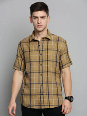 Men Beige Checked Casual Shirt-MAYACHECKS-4400-Khaki