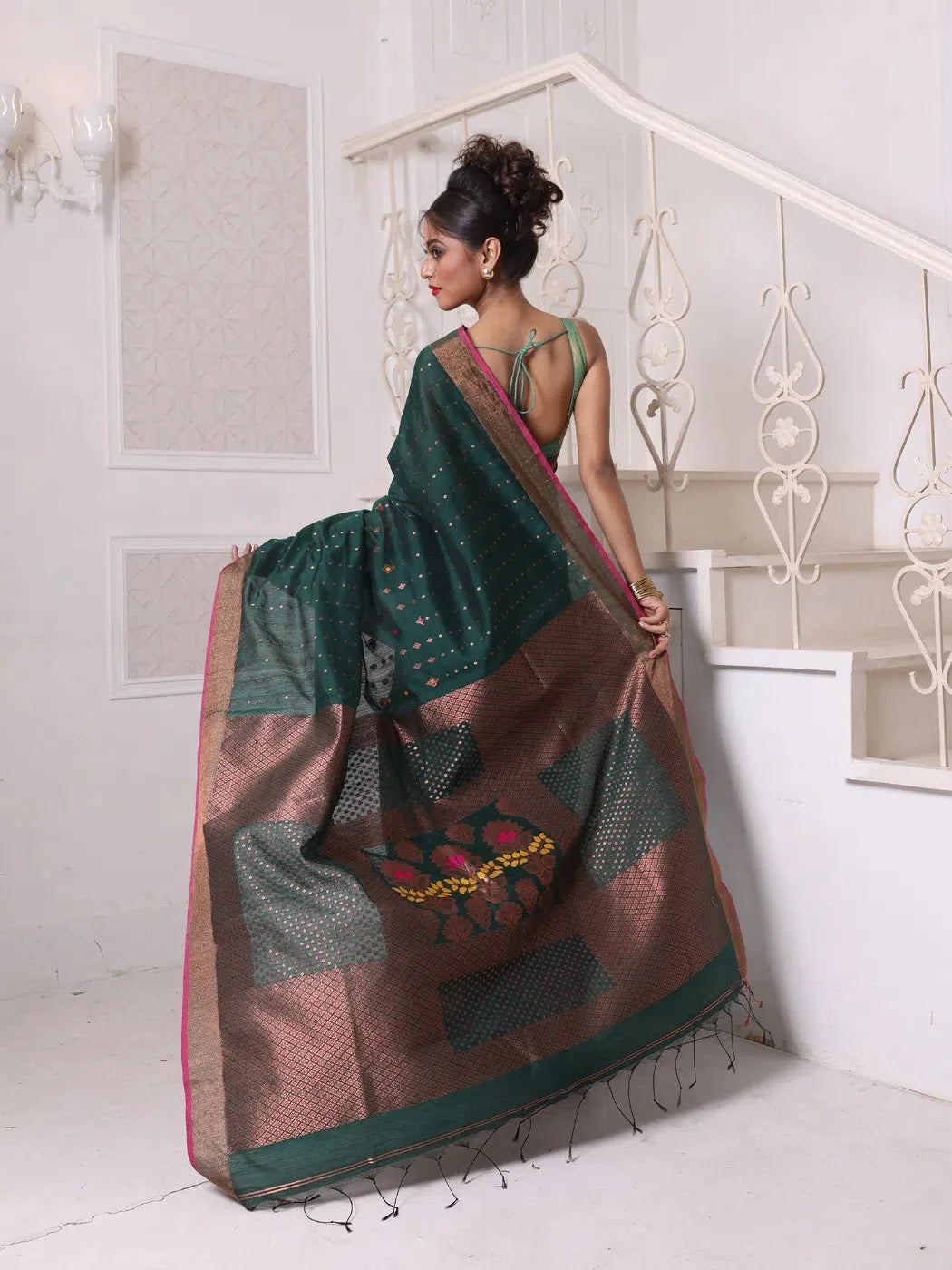 Forest Green Cotton Indian Sari with Zari - MA64BCT401380027