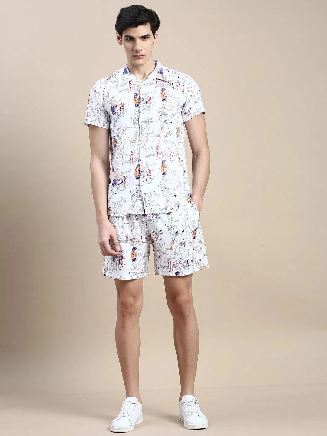 Men's White Printed Casual Co ord Set | Mens Two Piece Sets