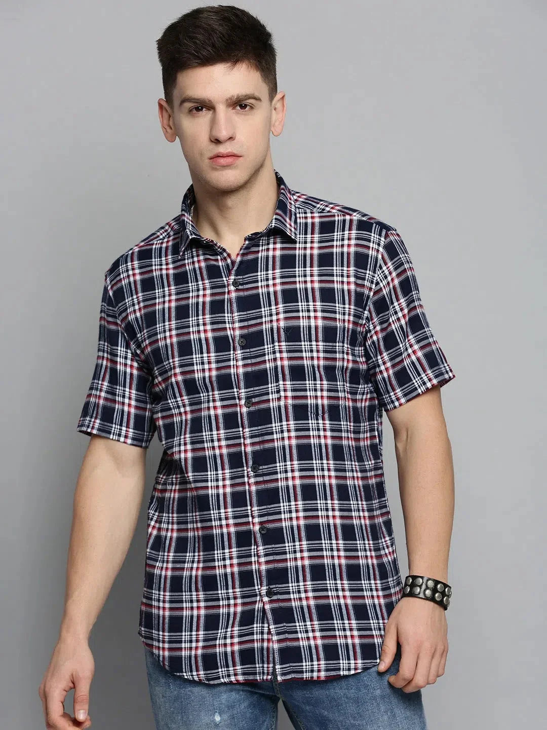 Men's Navy Checkered Shirt - Stylish Cotton Mens Shirt