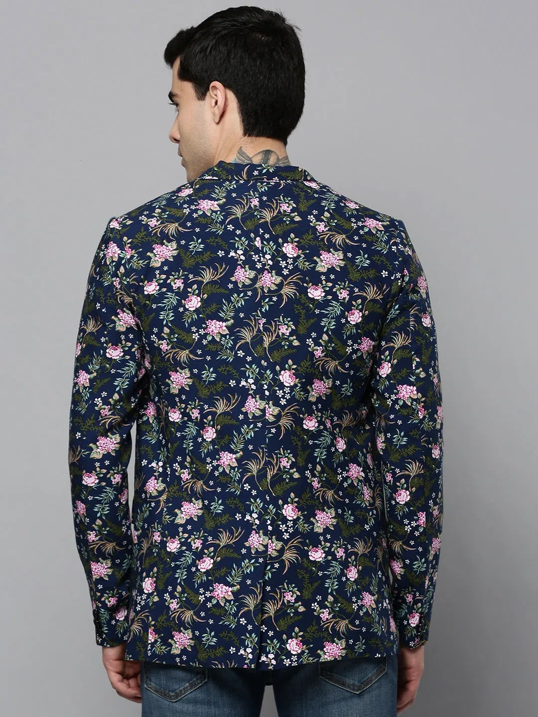 Men's Navy Printed Cotton Blazer | Ethnic Nehru Jacket Style