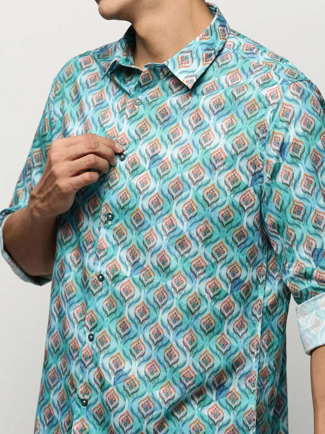 Blue Printed Cotton Mens Shirt | Ethnic Motifs - DesiQlo