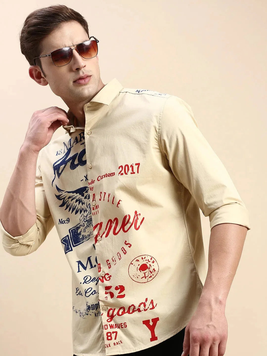 Khaki Printed Mens Shirt | Cotton Casual Shirts DesiQlo