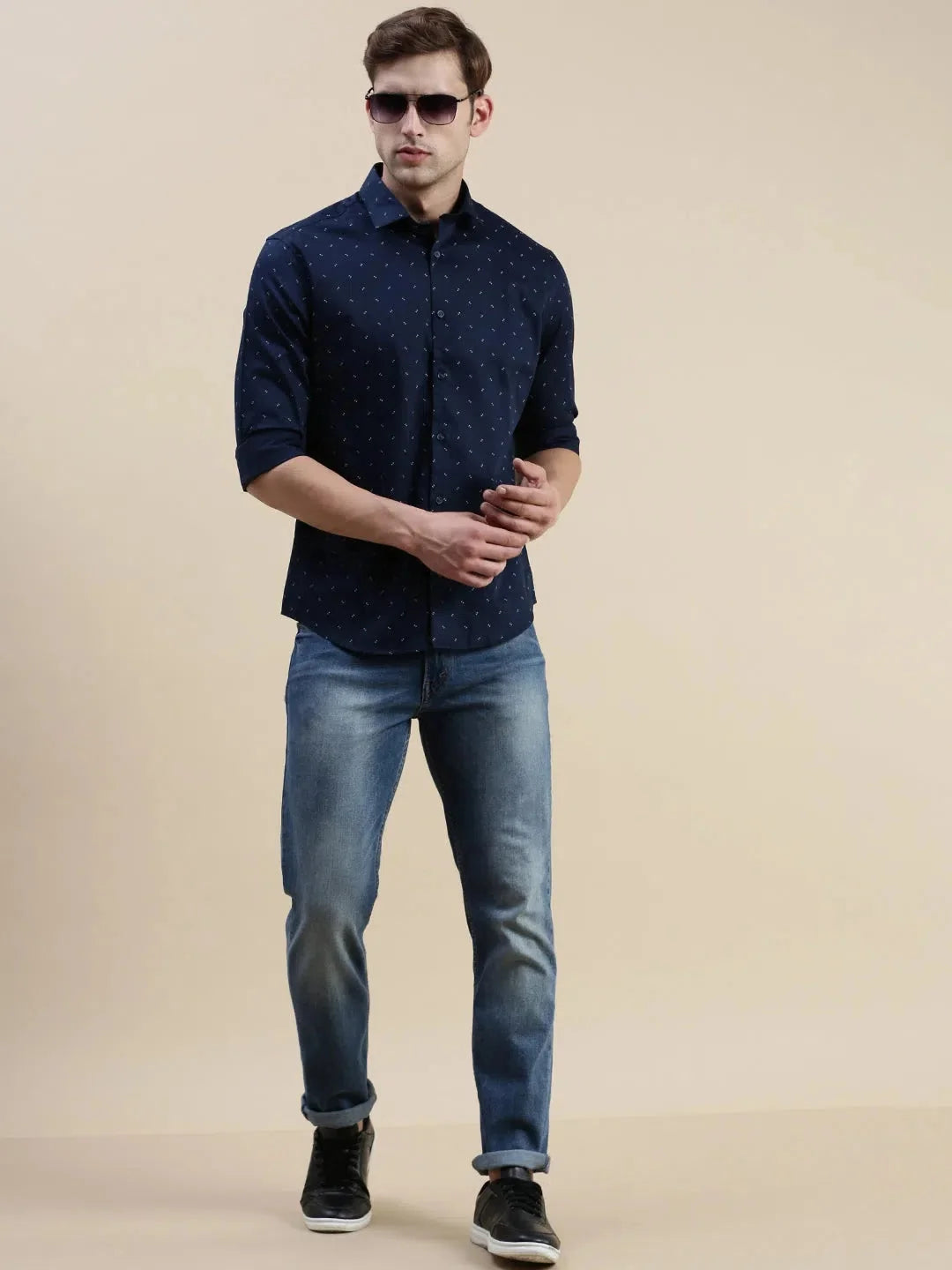 Navy Graphic Print Mens Shirt | Cotton Casual Shirt DesiQlo
