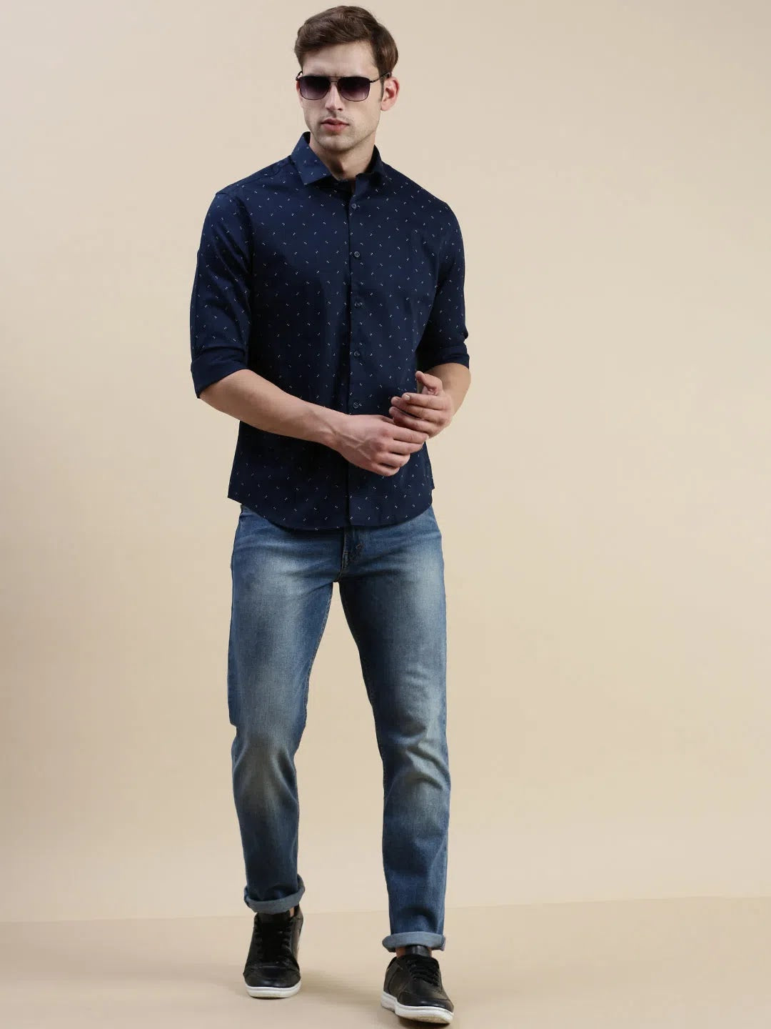 Navy Graphic Print Mens Shirt | Cotton Casual Shirt DesiQlo