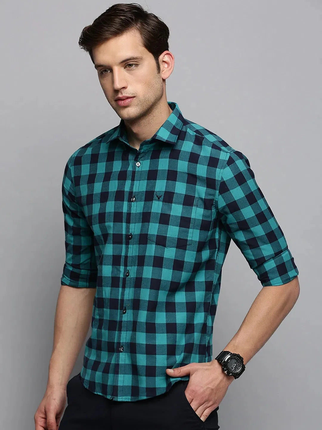 Men's Navy Checked Cotton Shirt - Casual Style